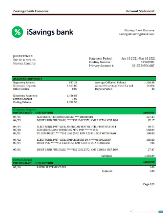 Download Comoros iSavings bank statement word